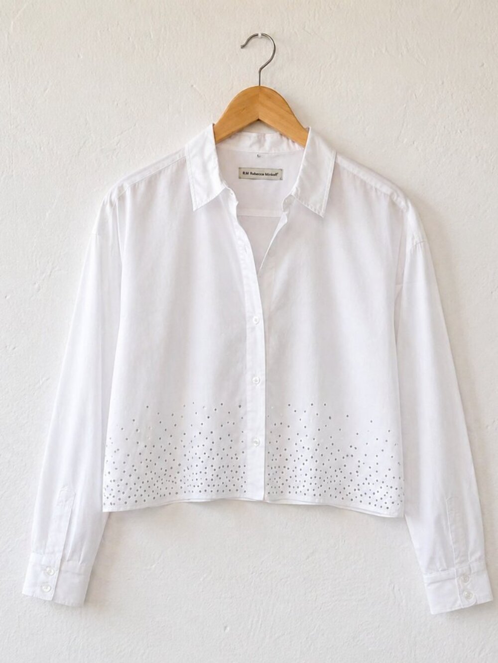 Rebecca Minkoff White Button Down Shirt Womens Medium Cropped Rhinestone Hem